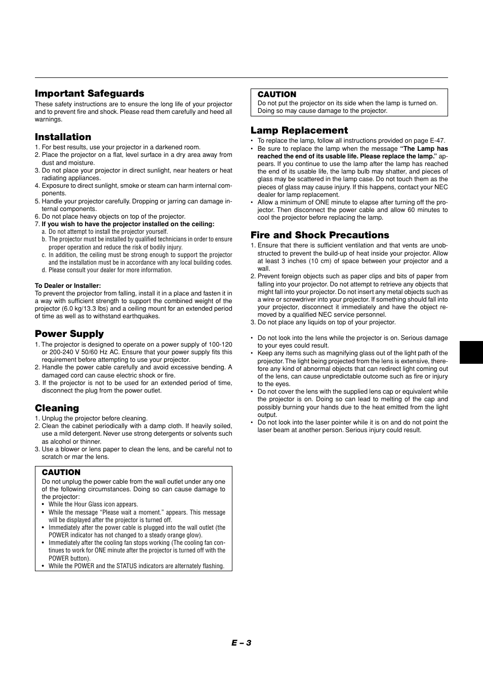 Important safeguards, Installation, Power supply | Cleaning, Lamp replacement, Fire and shock precautions | NEC MT1056 User Manual | Page 3 / 55