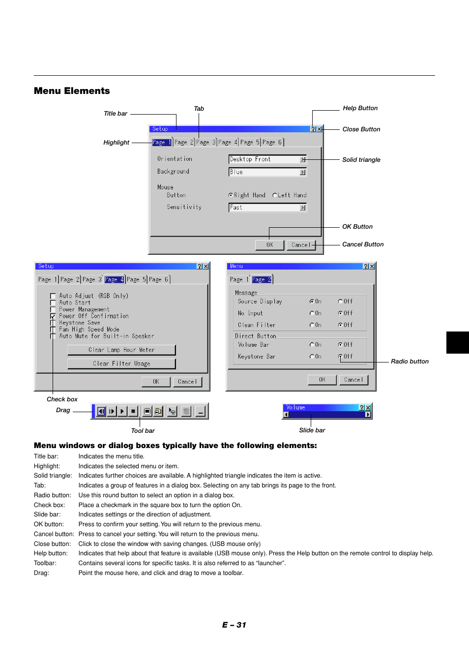 Menu elements | NEC MT1056 User Manual | Page 31 / 55