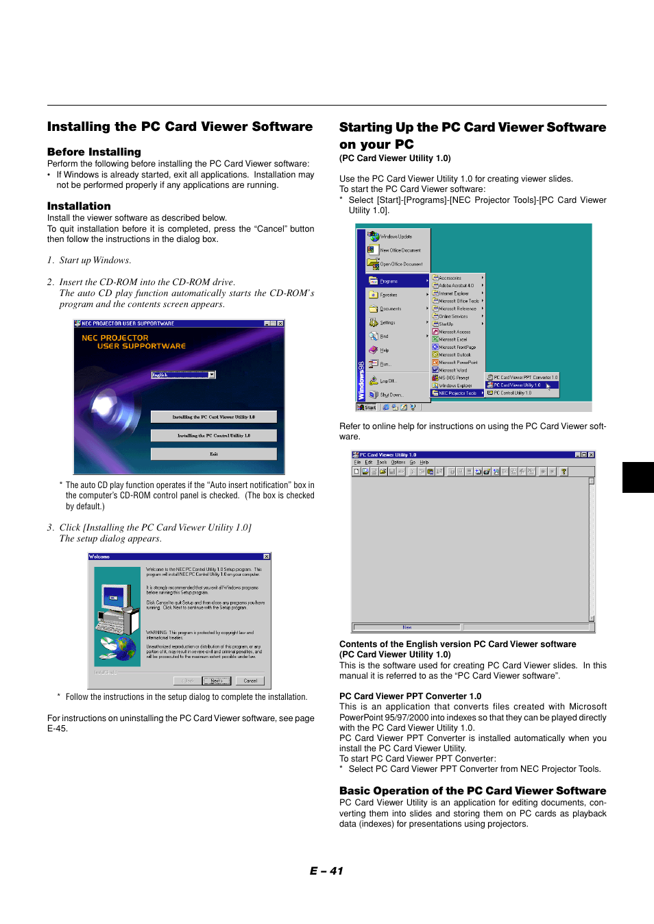 Installing the pc card viewer software, Starting up the pc card viewer software on your pc | NEC MT1056 User Manual | Page 41 / 55