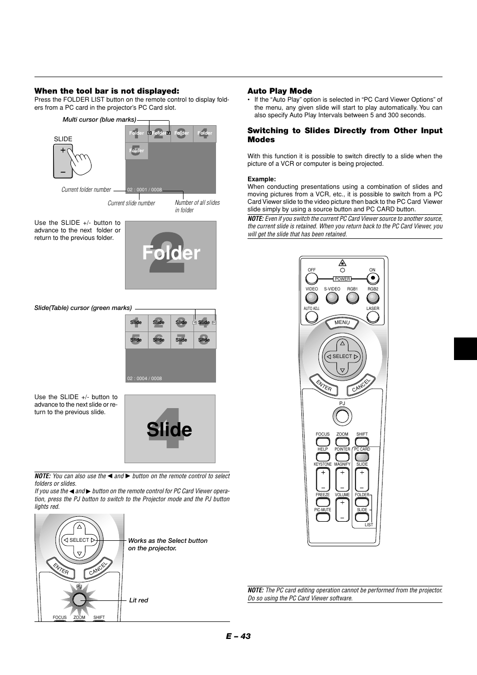 Slide, Folder, E – 43 when the tool bar is not displayed | Auto play mode | NEC MT1056 User Manual | Page 43 / 55