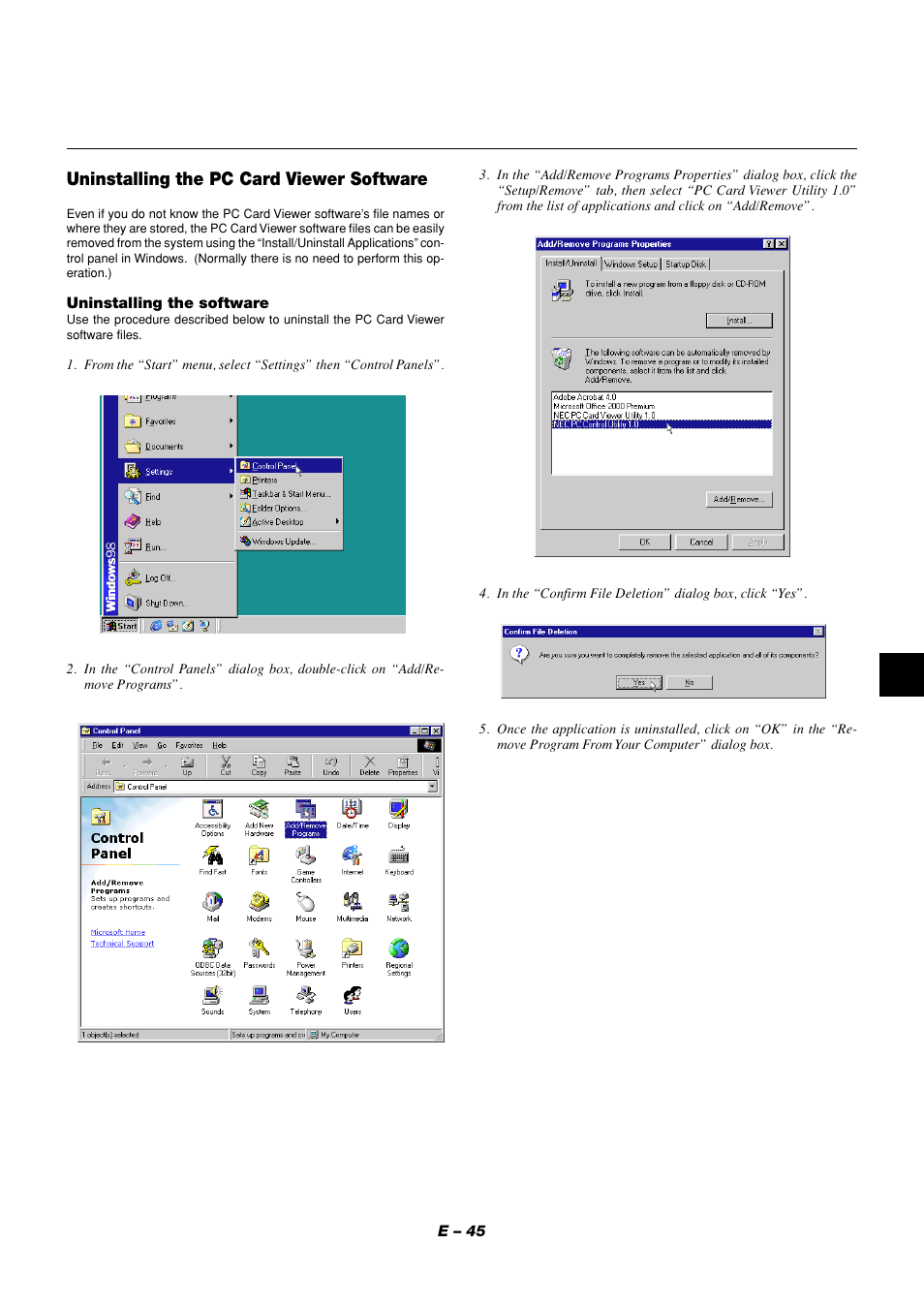 Uninstalling the pc card viewer software | NEC MT1056 User Manual | Page 45 / 55