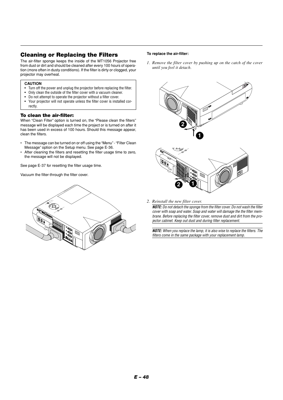 Cleaning or replacing the filters, E – 48, Me nu e nt er | Reinstall the new filter cover | NEC MT1056 User Manual | Page 48 / 55