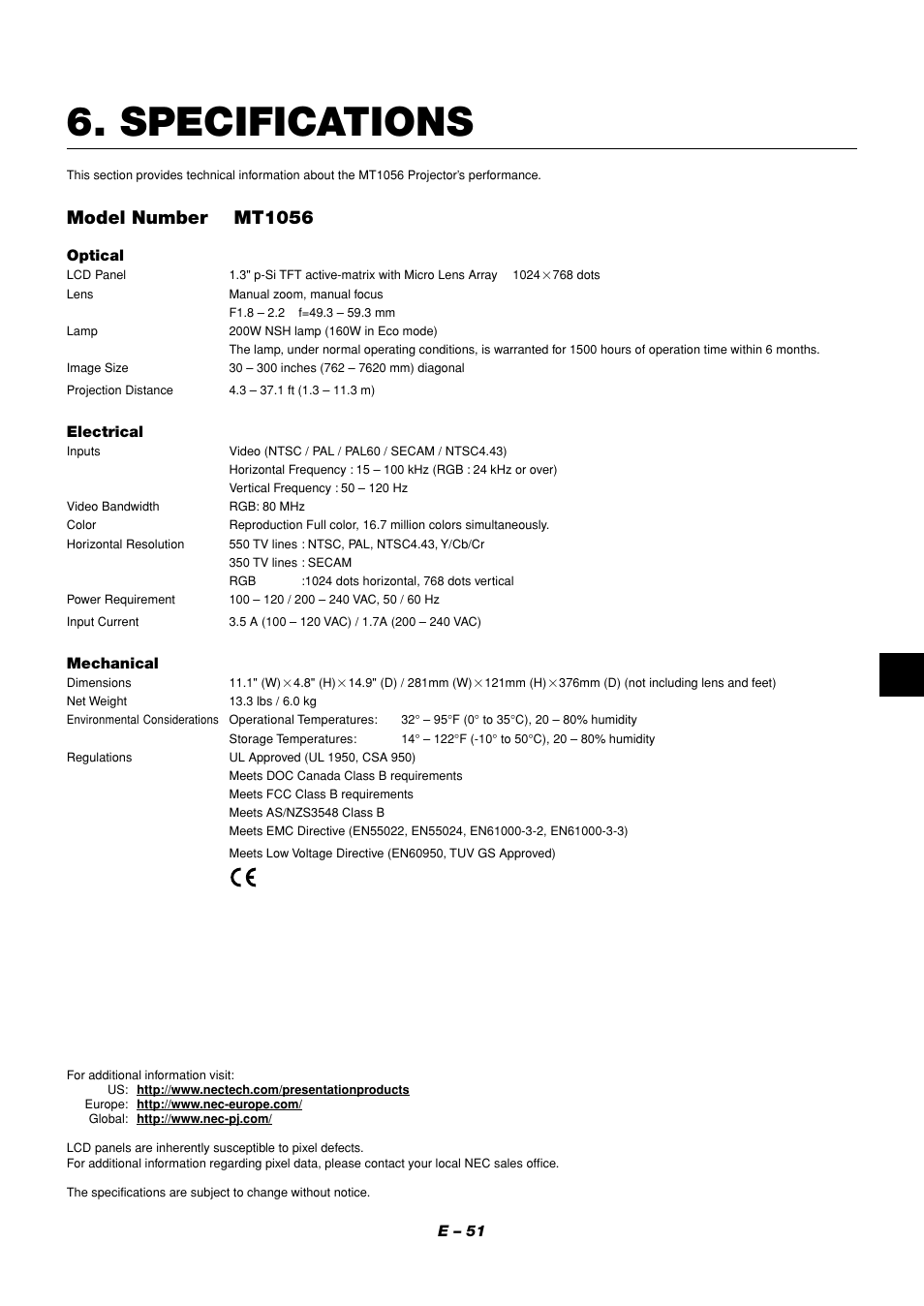Specifications, Model number mt1056 | NEC MT1056 User Manual | Page 51 / 55
