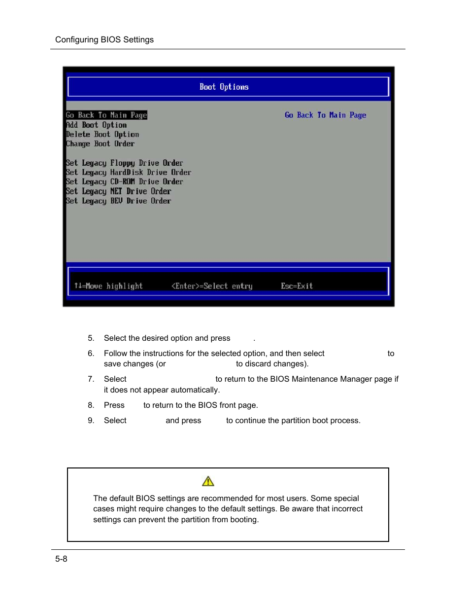 Configuring bios settings, Caution | NEC ExpressA1160 User Manual | Page 114 / 252