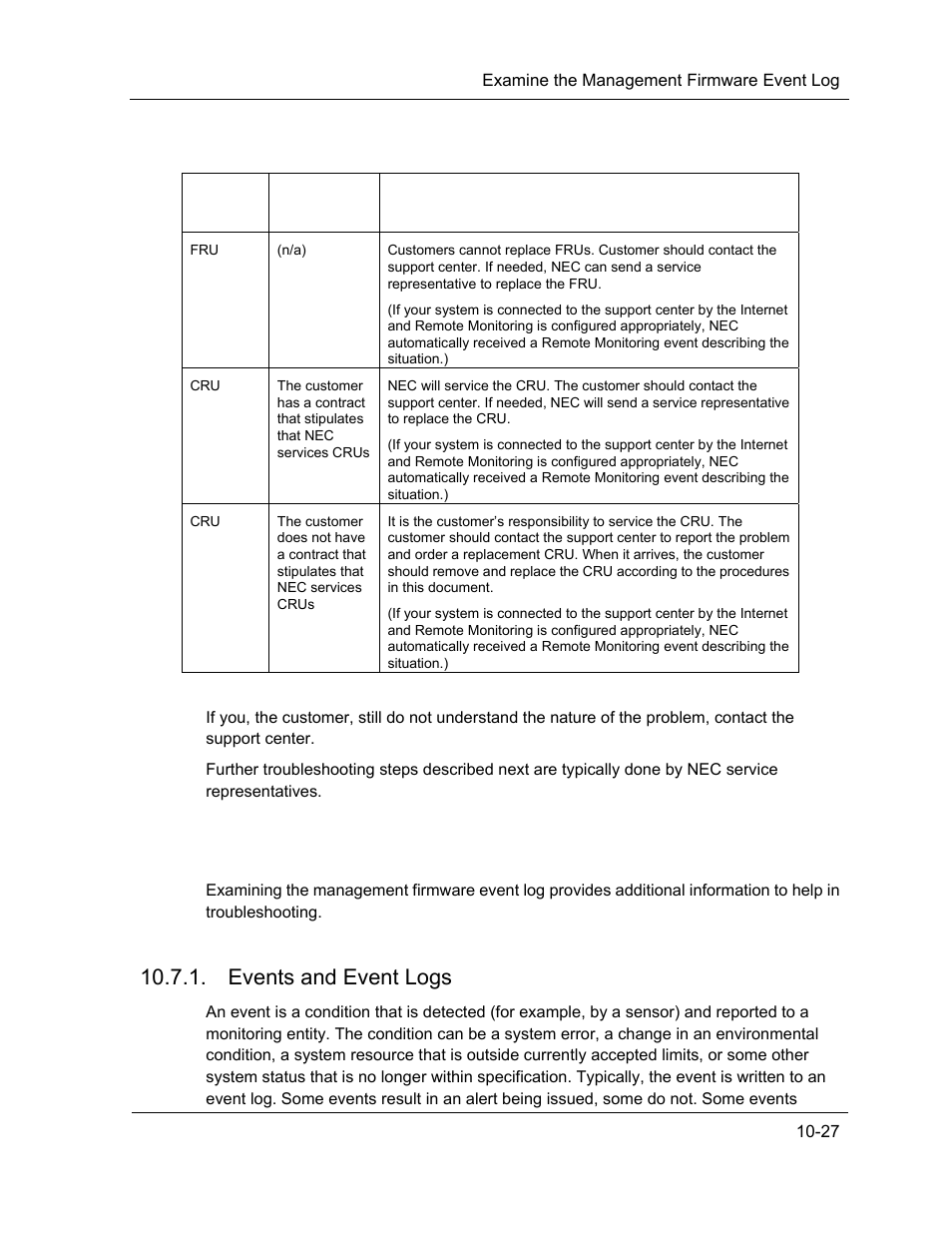 Examine the management firmware event log, Events and event logs | NEC ExpressA1160 User Manual | Page 189 / 252