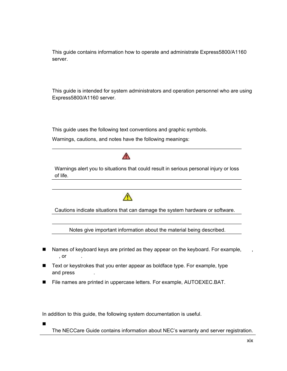 Warning, Caution, Using this guide | Who should use this guide, Symbols and conventions, Related documents | NEC ExpressA1160 User Manual | Page 19 / 252