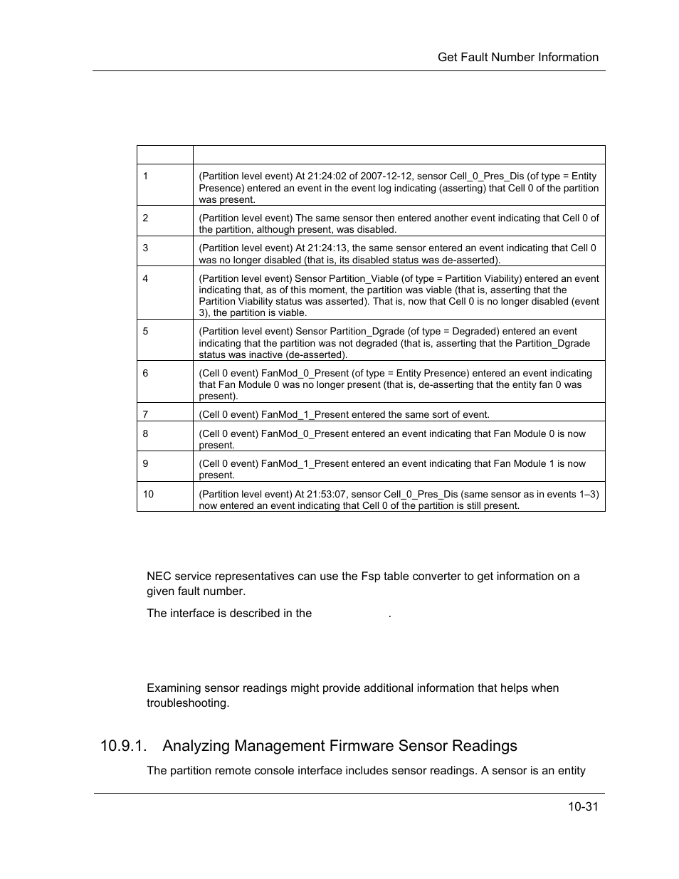 Get fault number information, Examine management firmware sensors, Analyzing management firmware sensor readings | NEC ExpressA1160 User Manual | Page 193 / 252