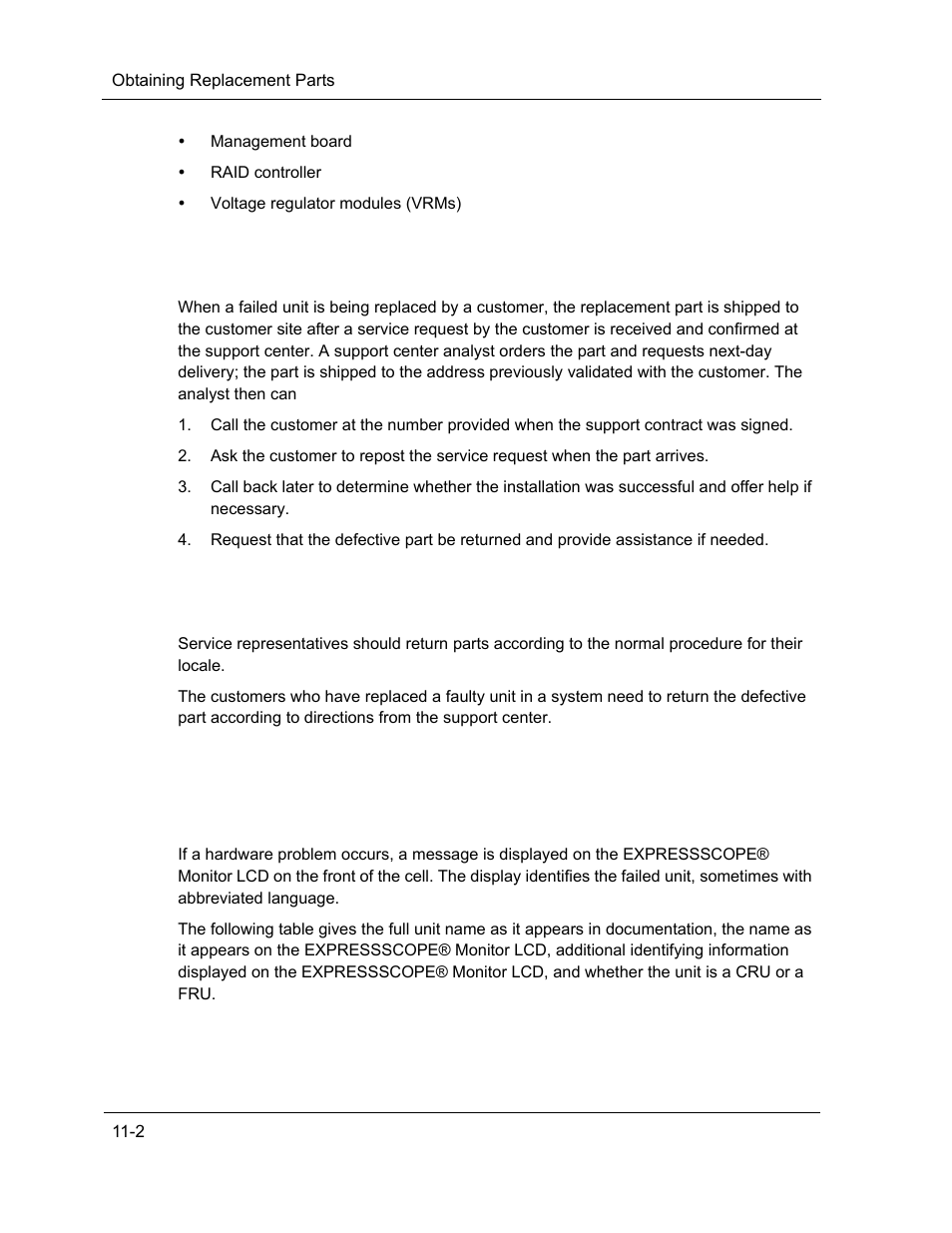 Obtaining replacement parts, Returning defective parts, Fault messages on the expressscope® monitor lcd | NEC ExpressA1160 User Manual | Page 198 / 252