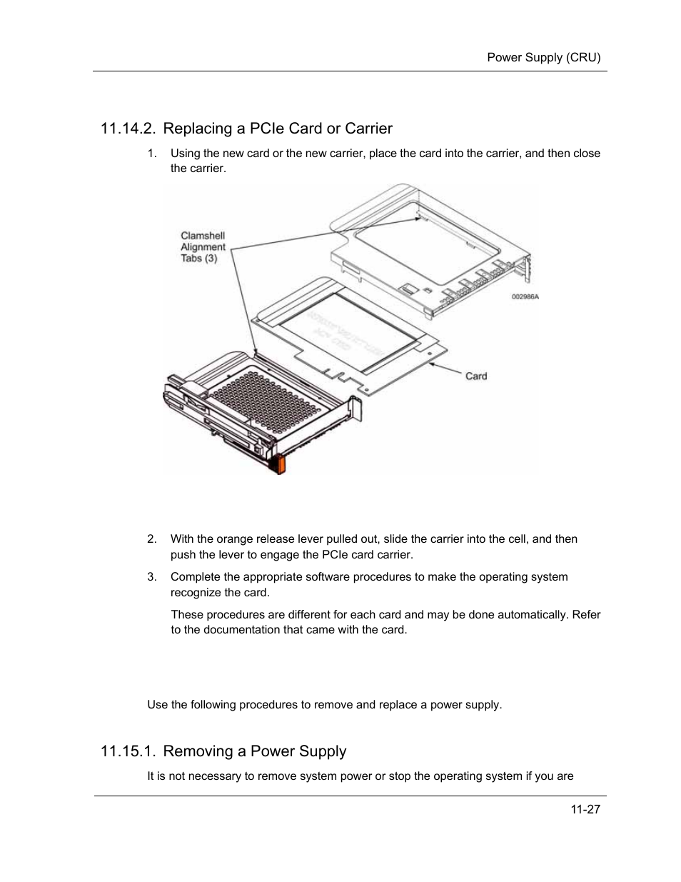 Power supply (cru), Replacing a pcie card or carrier, Removing a power supply | NEC ExpressA1160 User Manual | Page 223 / 252