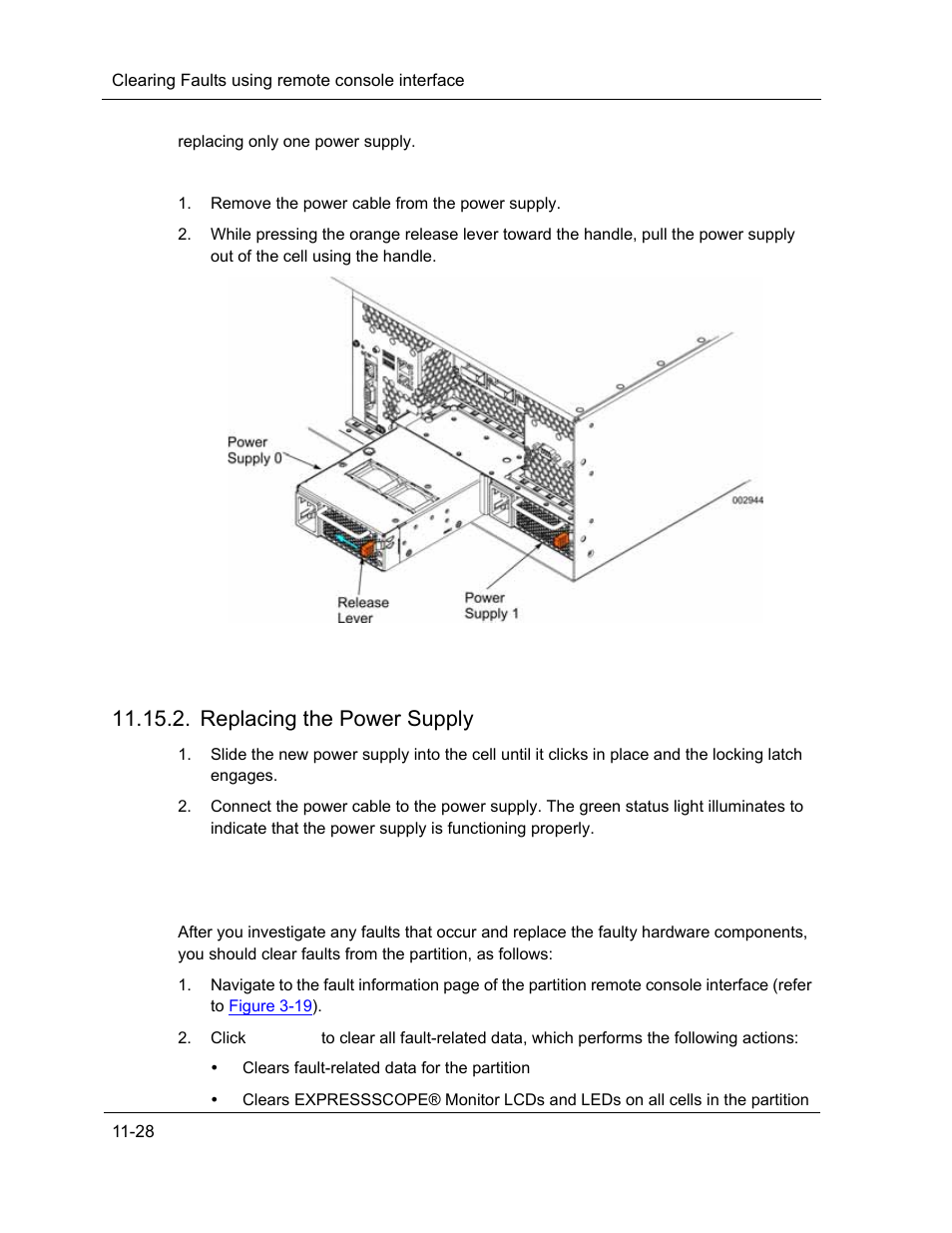 Clearing faults using remote console interface, Replacing the power supply | NEC ExpressA1160 User Manual | Page 224 / 252