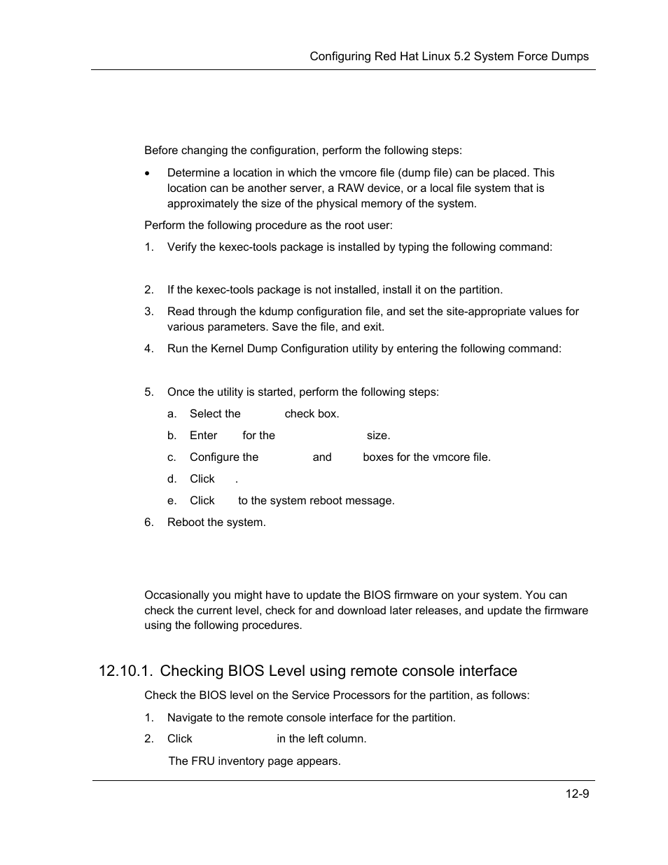 Configuring red hat linux 5.2 system force dumps, Checking the level and updating bios firmware, Checking bios level using remote console interface | NEC ExpressA1160 User Manual | Page 235 / 252