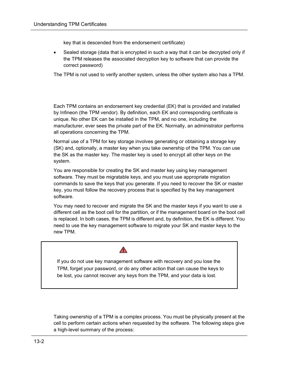 Understanding tpm certificates, Taking ownership of a tpm, Warning | NEC ExpressA1160 User Manual | Page 244 / 252