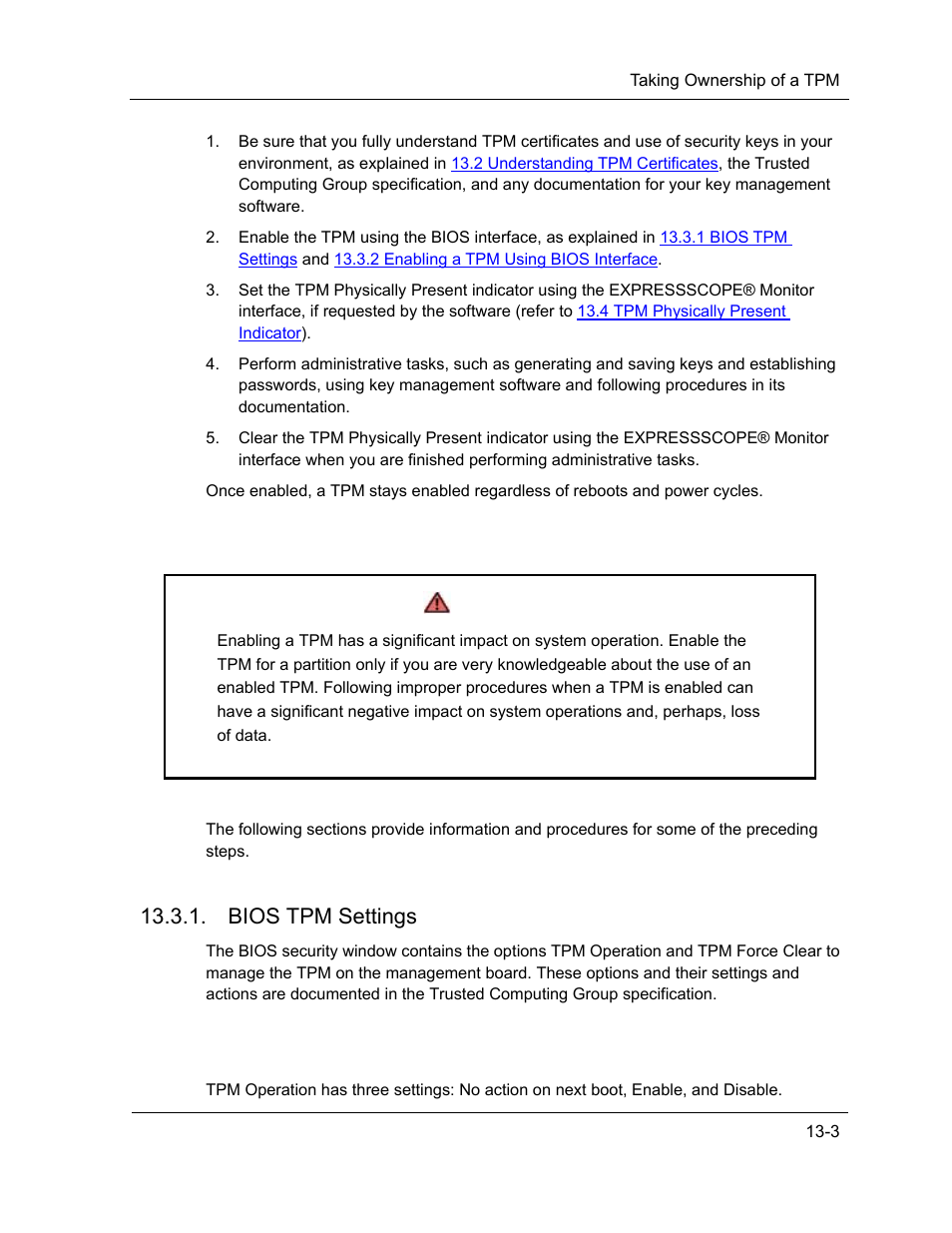 Warning, Bios tpm settings | NEC ExpressA1160 User Manual | Page 245 / 252