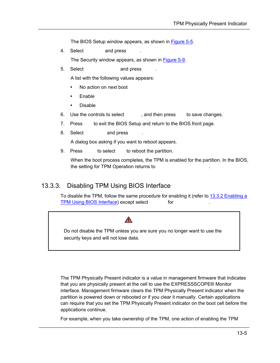 Tpm physically present indicator, Disabling tpm using bios interface, Warning | NEC ExpressA1160 User Manual | Page 247 / 252