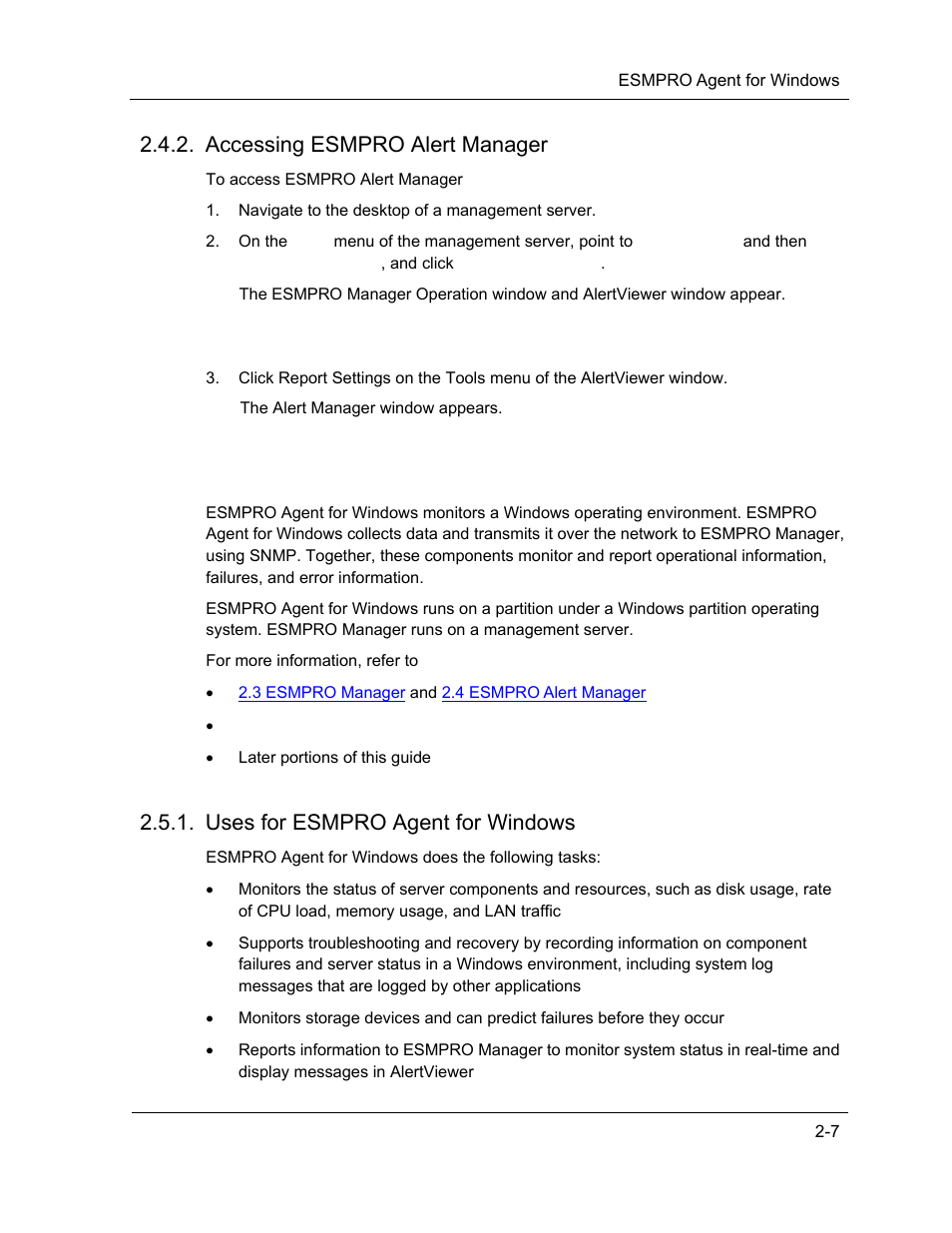 Esmpro agent for windows, Accessing esmpro alert manager, Uses for esmpro agent for windows | NEC ExpressA1160 User Manual | Page 39 / 252
