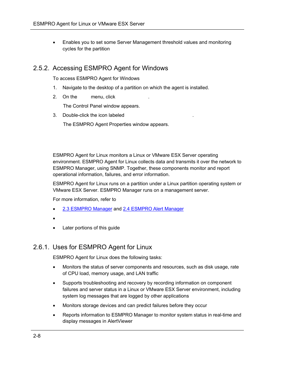 Esmpro agent for linux or vmware esx server, Accessing esmpro agent for windows, Uses for esmpro agent for linux | NEC ExpressA1160 User Manual | Page 40 / 252