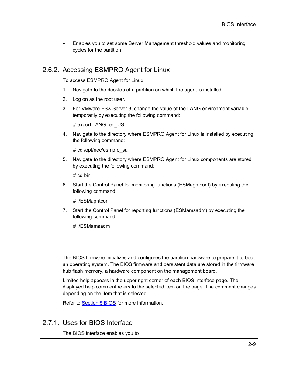 Bios interface, Accessing esmpro agent for linux, Uses for bios interface | NEC ExpressA1160 User Manual | Page 41 / 252
