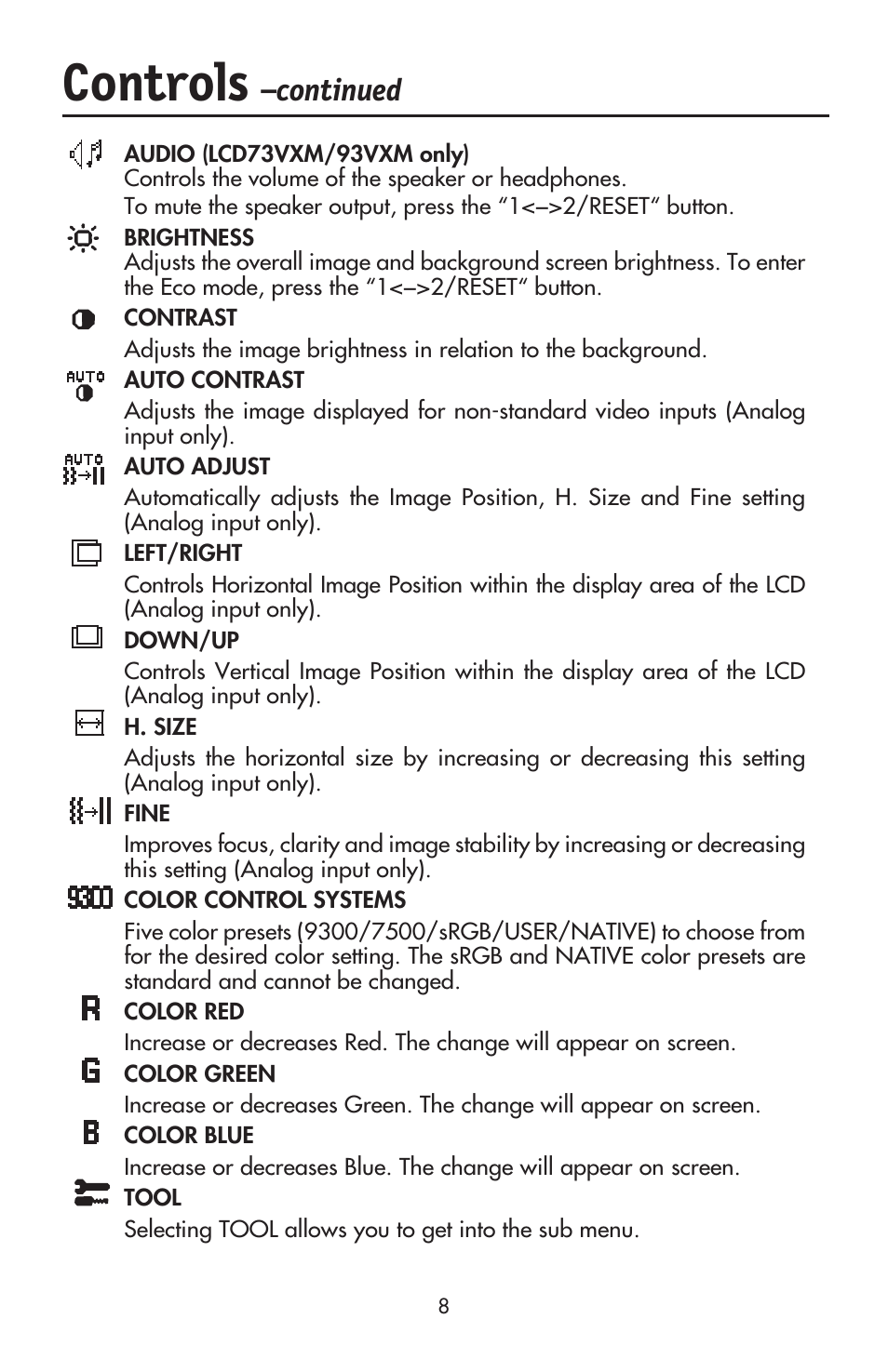 Controls, Continued | NEC ACCUSYNC LCD93VX User Manual | Page 10 / 79