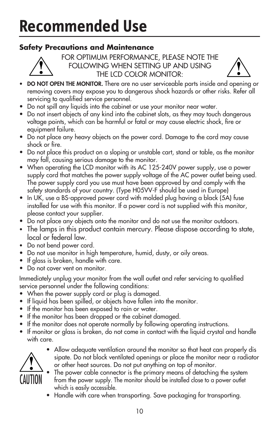 Recommended use, Caution | NEC ACCUSYNC LCD93VX User Manual | Page 12 / 79