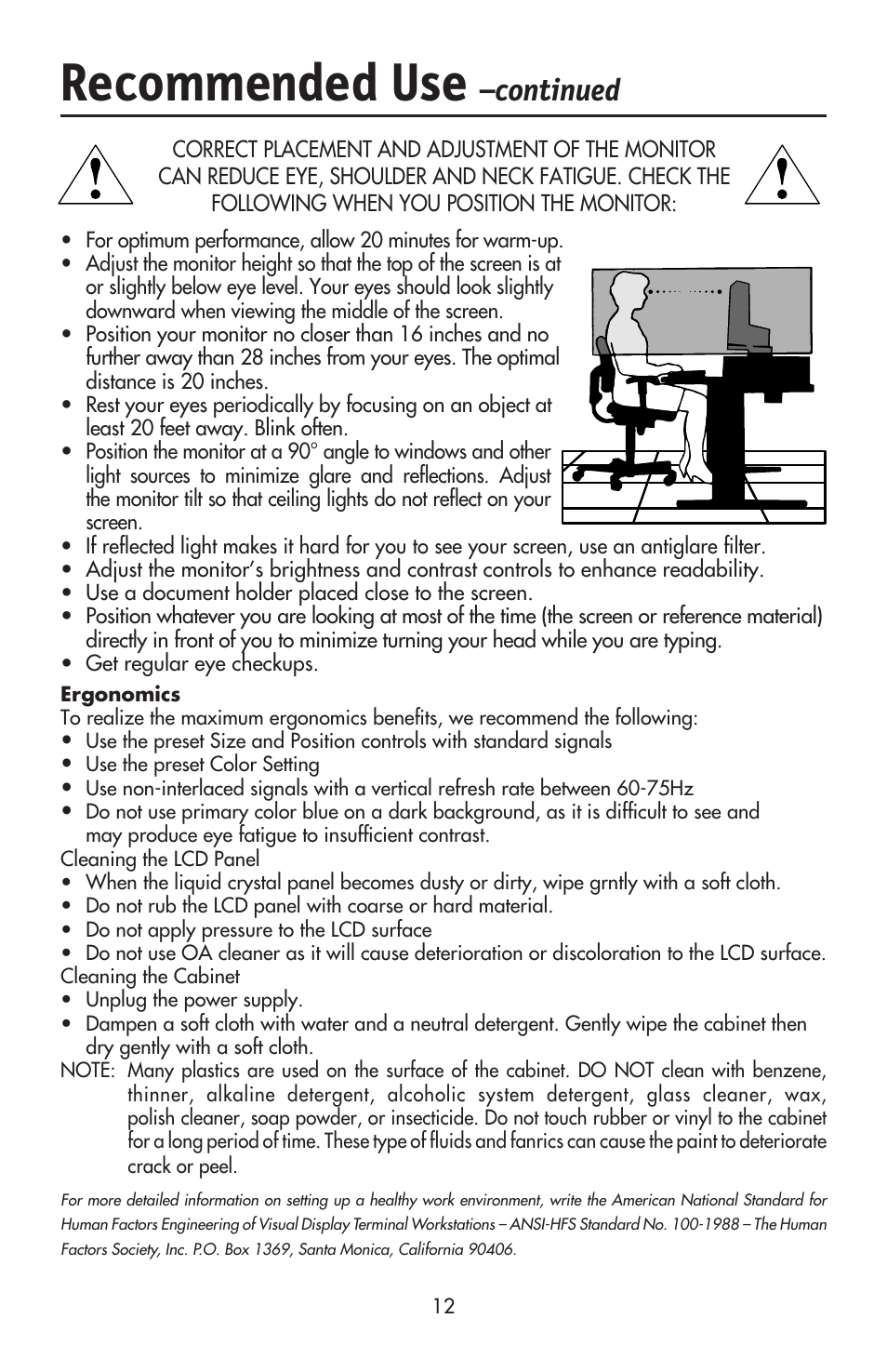 Recommended use, Continued | NEC ACCUSYNC LCD93VX User Manual | Page 14 / 79