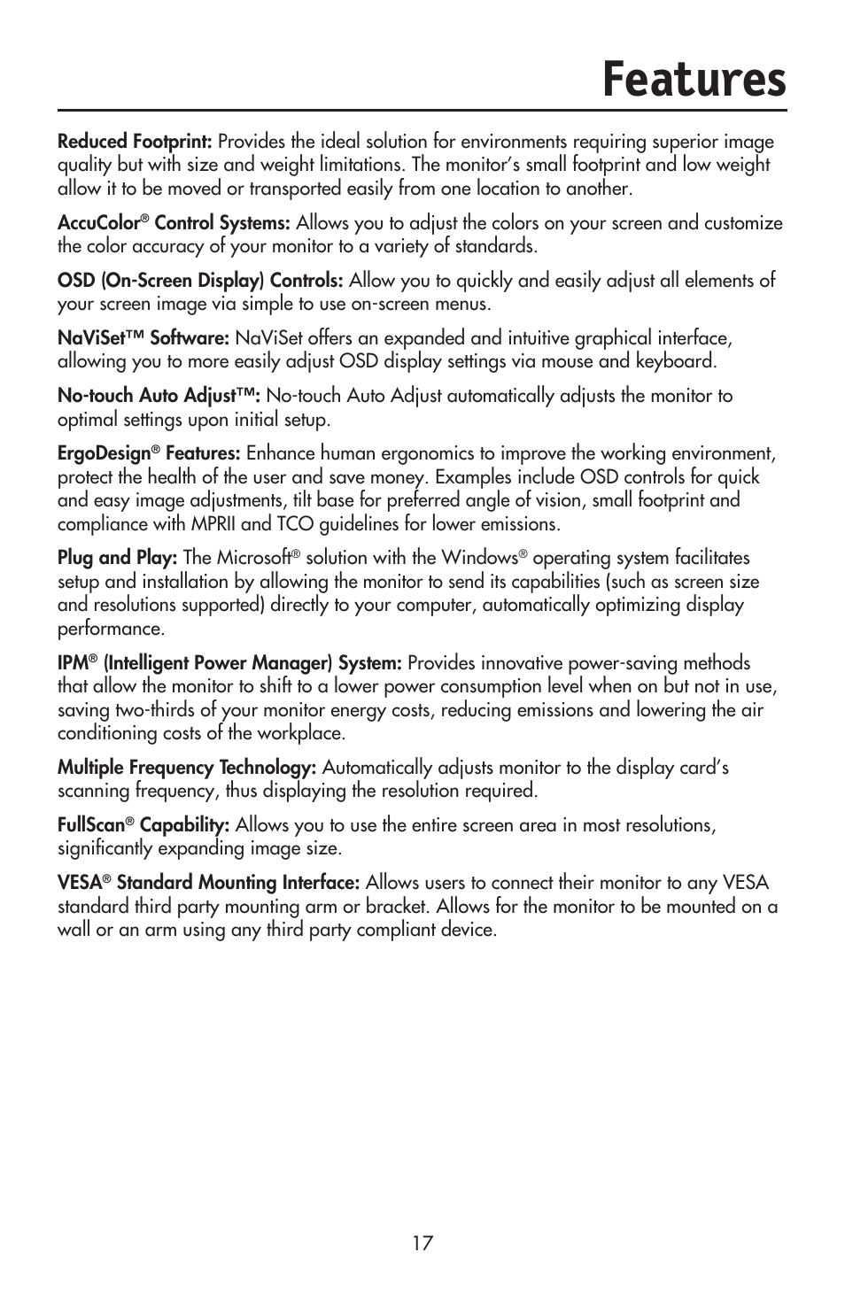 Features | NEC ACCUSYNC LCD93VX User Manual | Page 19 / 79