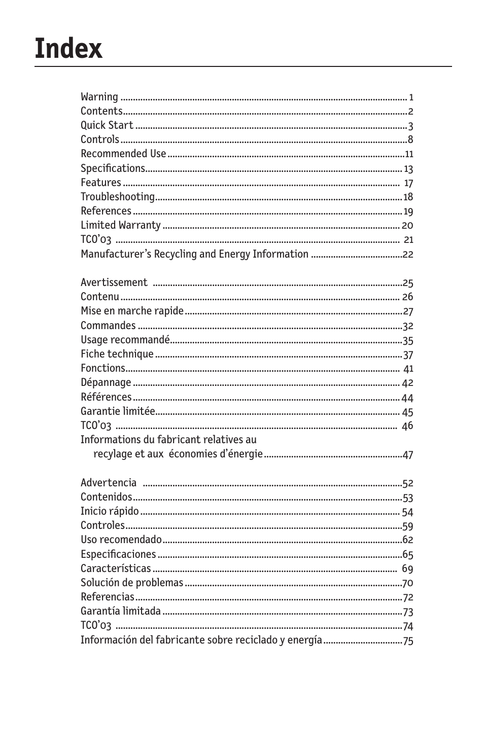 Index | NEC ACCUSYNC LCD93VX User Manual | Page 2 / 79