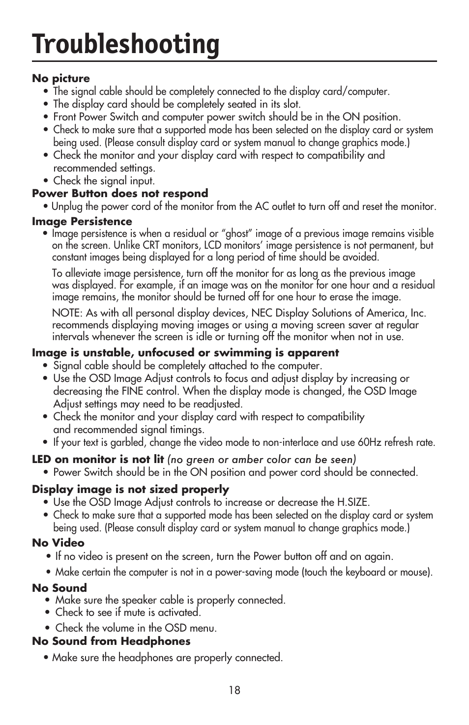 Troubleshooting | NEC ACCUSYNC LCD93VX User Manual | Page 20 / 79