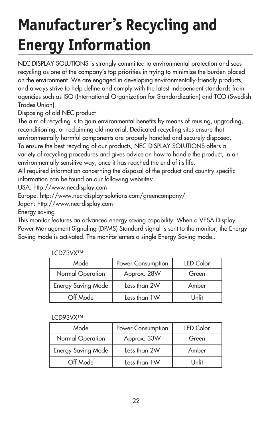 Manufacturer’s recycling and energy information | NEC ACCUSYNC LCD93VX User Manual | Page 24 / 79