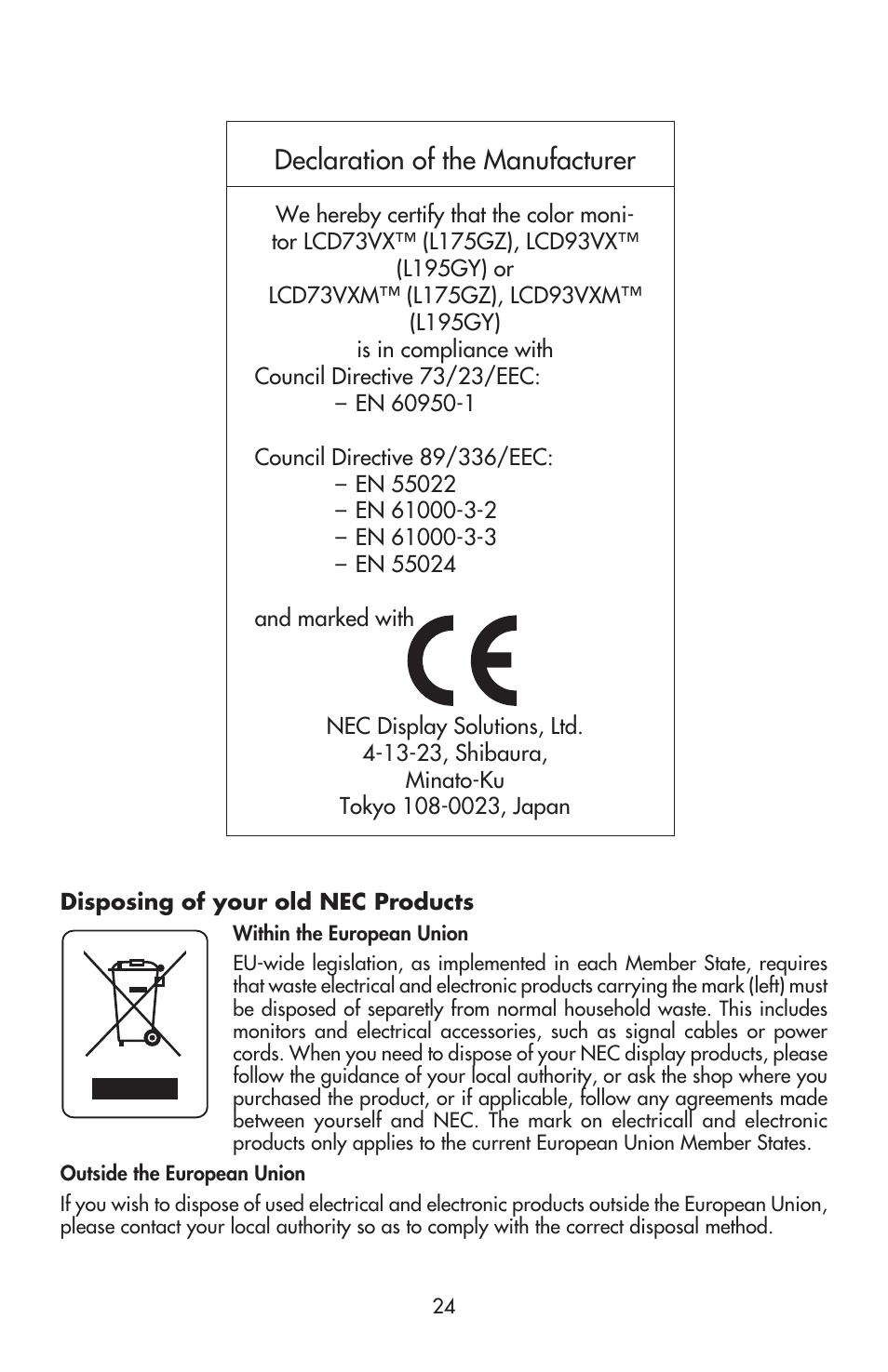 Declaration of the manufacturer | NEC ACCUSYNC LCD93VX User Manual | Page 26 / 79