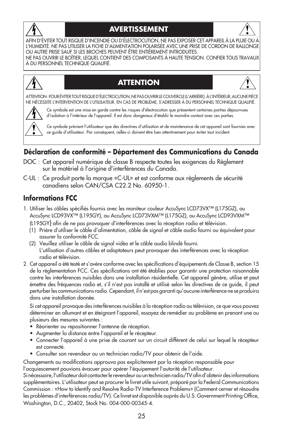 Avertissement attention, Informations fcc | NEC ACCUSYNC LCD93VX User Manual | Page 27 / 79