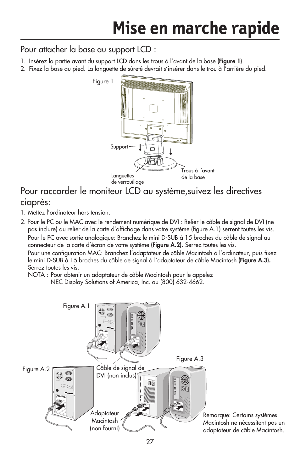 Mise en marche rapide, Pour attacher la base au support lcd | NEC ACCUSYNC LCD93VX User Manual | Page 29 / 79