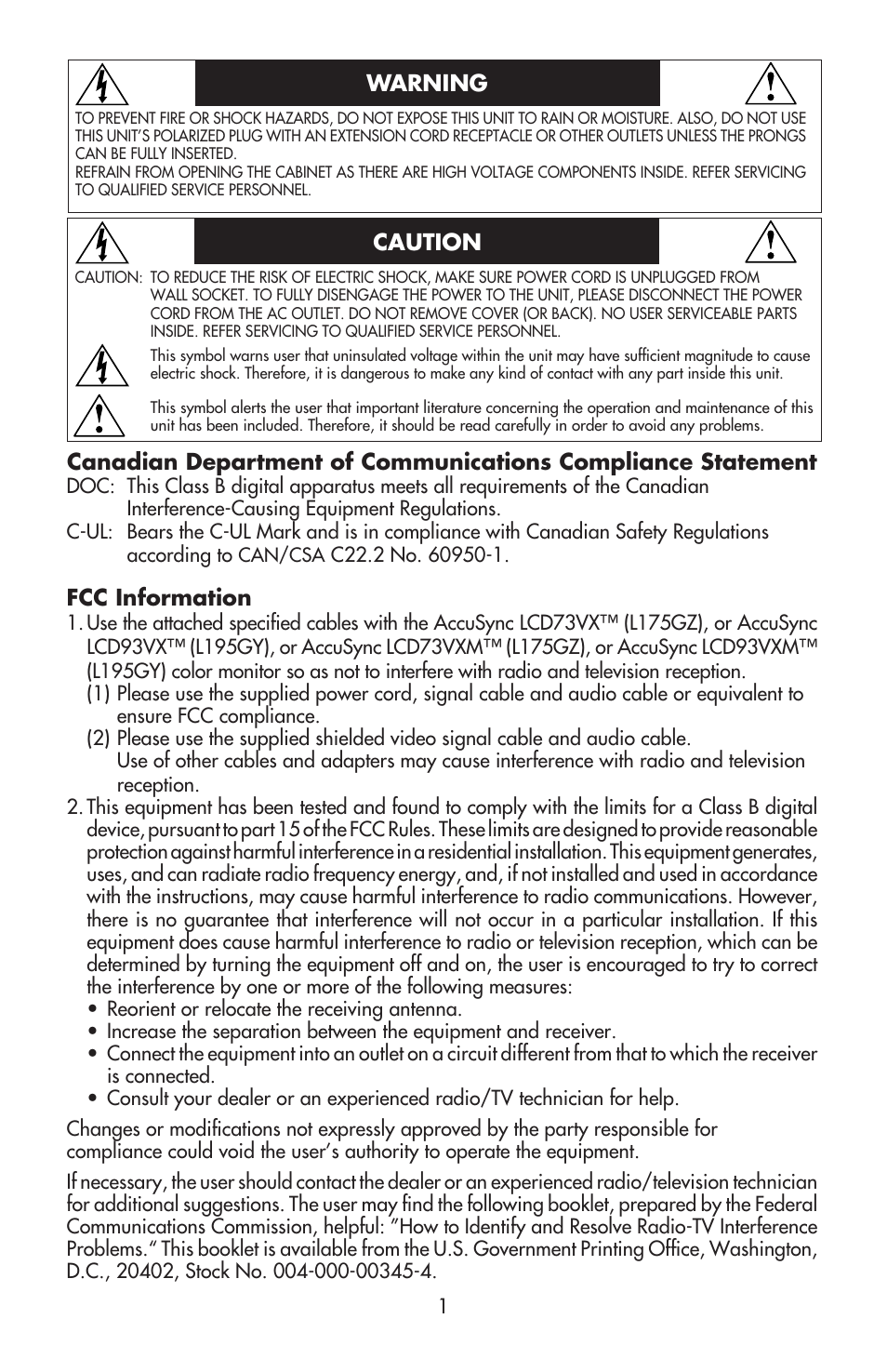 Fcc information | NEC ACCUSYNC LCD93VX User Manual | Page 3 / 79