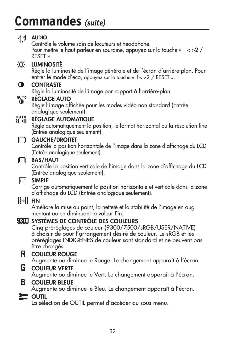 Commandes, Suite) | NEC ACCUSYNC LCD93VX User Manual | Page 34 / 79