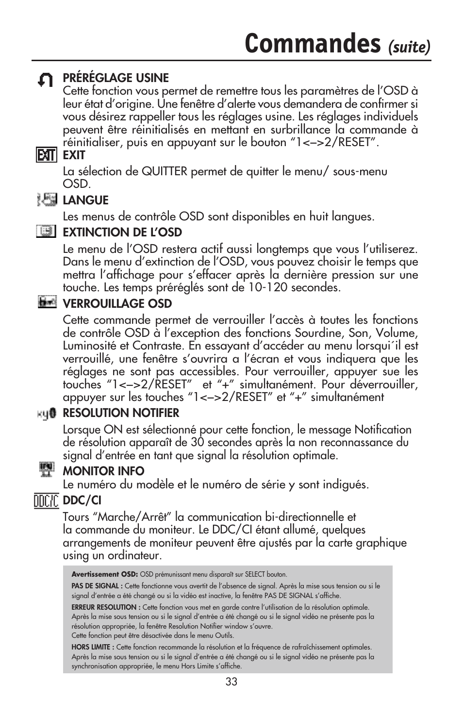 Commandes, Suite) | NEC ACCUSYNC LCD93VX User Manual | Page 35 / 79