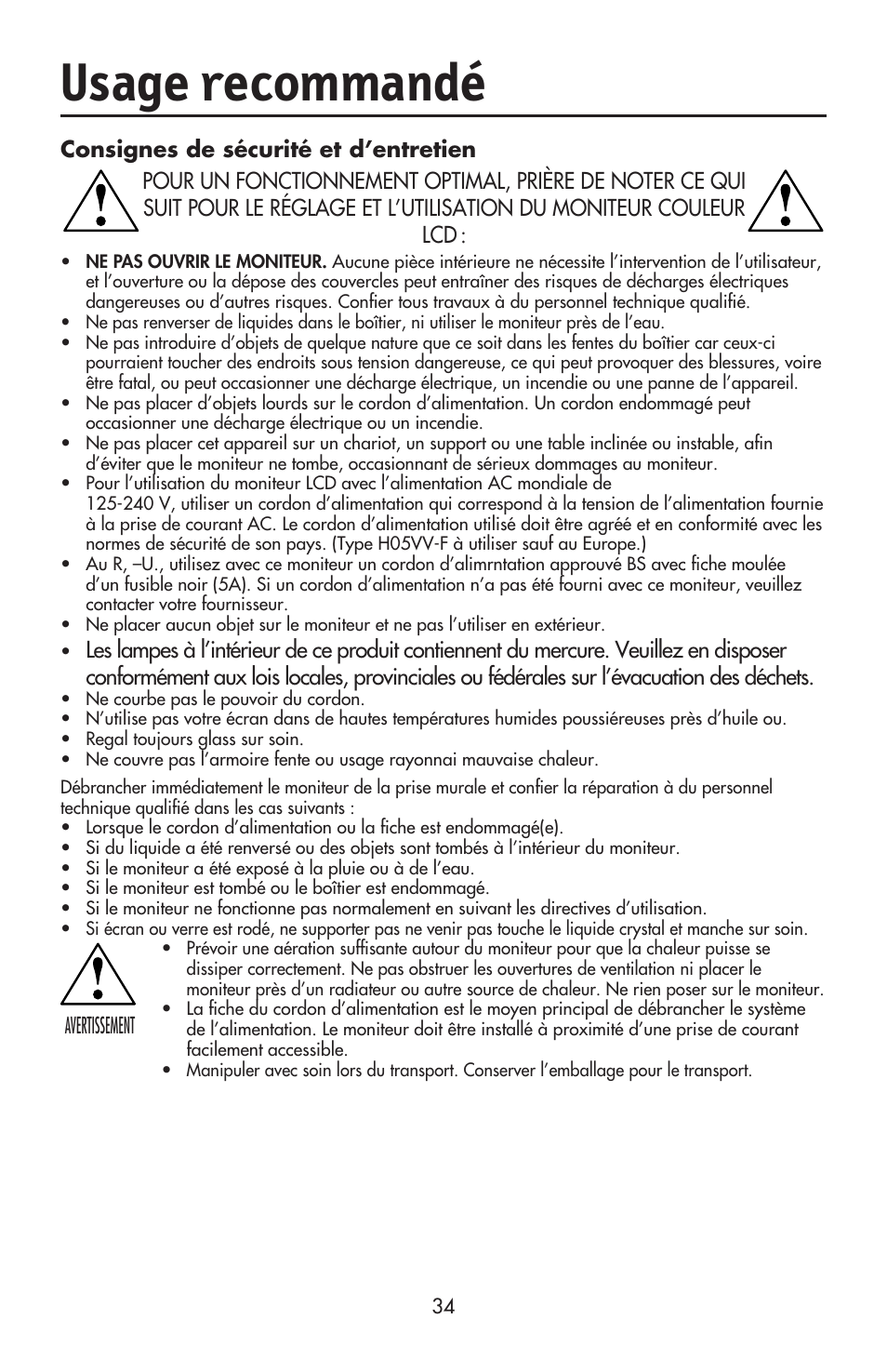 Usage recommandé | NEC ACCUSYNC LCD93VX User Manual | Page 36 / 79