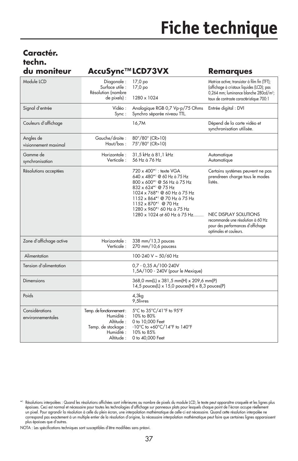 Fiche technique, Caractér. techn. du moniteur lcd73vx remarques, Accusync | NEC ACCUSYNC LCD93VX User Manual | Page 39 / 79