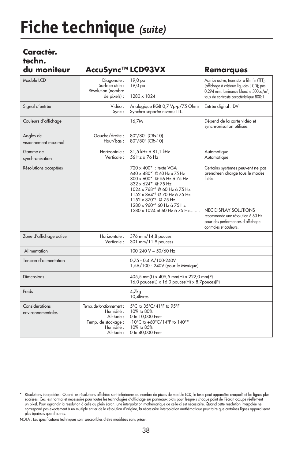 Fiche technique, Suite), Caractér. techn. du moniteur lcd93vx remarques | Accusync | NEC ACCUSYNC LCD93VX User Manual | Page 40 / 79