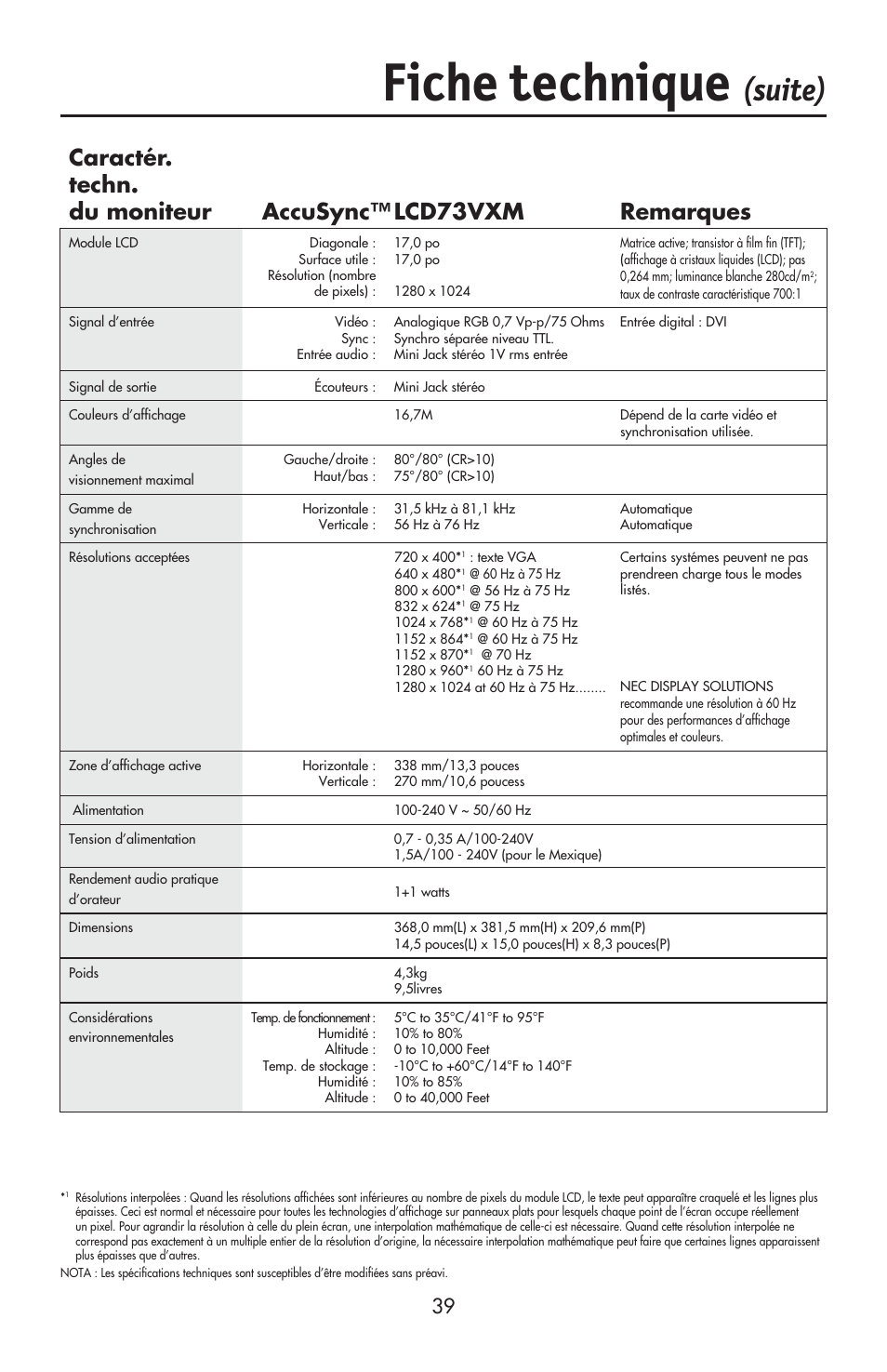 Fiche technique, Suite), Caractér. techn. du moniteur lcd73vxm remarques | Accusync | NEC ACCUSYNC LCD93VX User Manual | Page 41 / 79