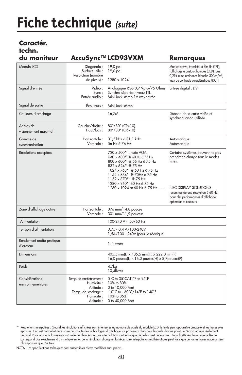 Fiche technique, Suite), Caractér. techn. du moniteur lcd93vxm remarques | Accusync | NEC ACCUSYNC LCD93VX User Manual | Page 42 / 79