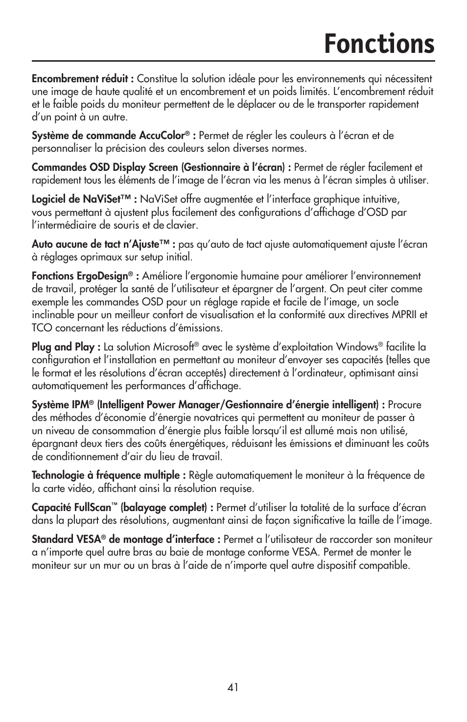 Fonctions | NEC ACCUSYNC LCD93VX User Manual | Page 43 / 79