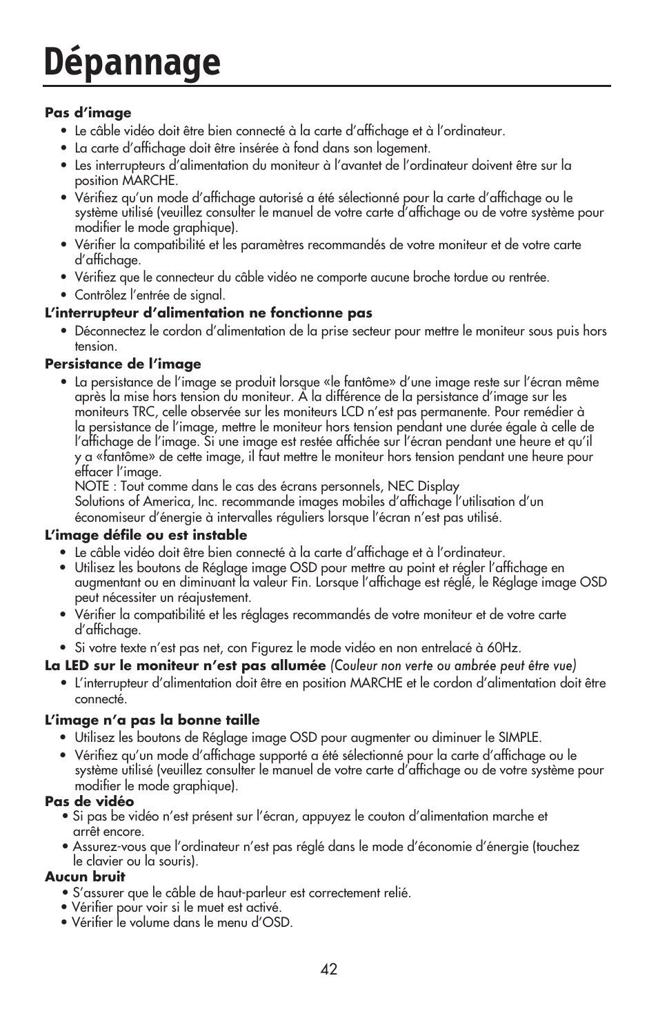 Dépannage | NEC ACCUSYNC LCD93VX User Manual | Page 44 / 79