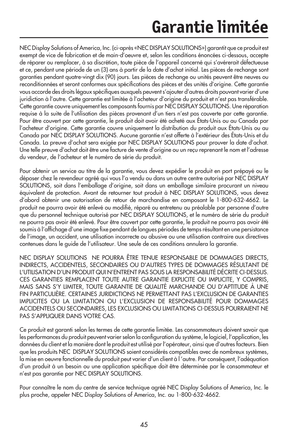 Garantie limitée | NEC ACCUSYNC LCD93VX User Manual | Page 47 / 79