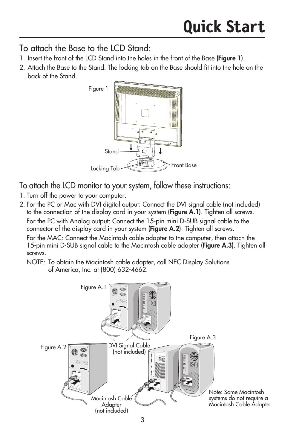 Quick start | NEC ACCUSYNC LCD93VX User Manual | Page 5 / 79