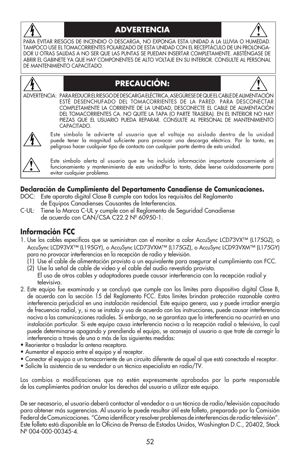 Advertencia precaución, Información fcc | NEC ACCUSYNC LCD93VX User Manual | Page 53 / 79