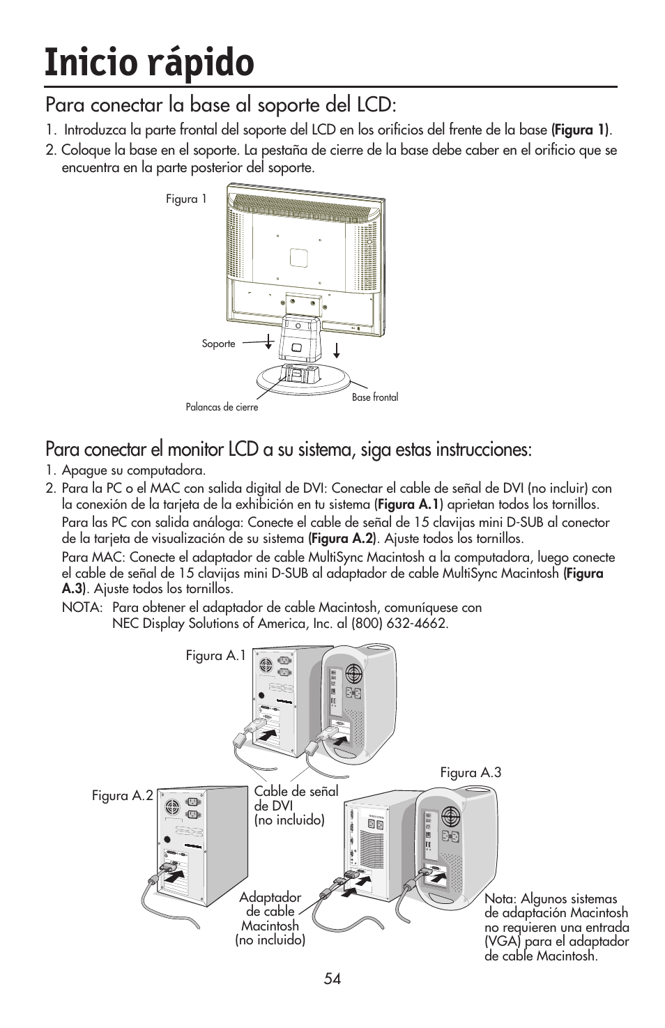 Inicio rápido, Para conectar la base al soporte del lcd | NEC ACCUSYNC LCD93VX User Manual | Page 55 / 79