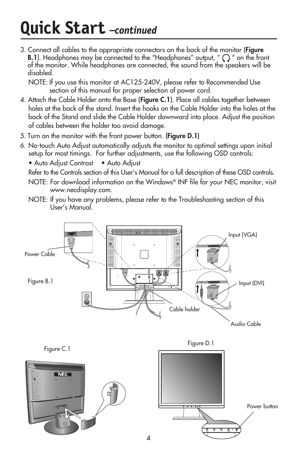 Quick start, Continued | NEC ACCUSYNC LCD93VX User Manual | Page 6 / 79