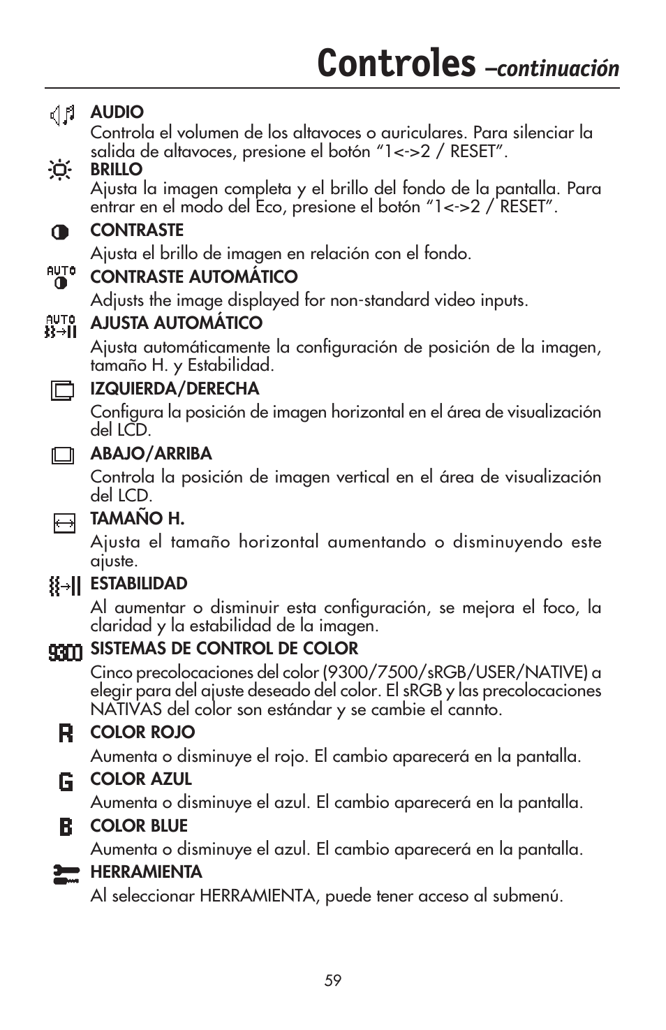 Controles, Continuación | NEC ACCUSYNC LCD93VX User Manual | Page 60 / 79