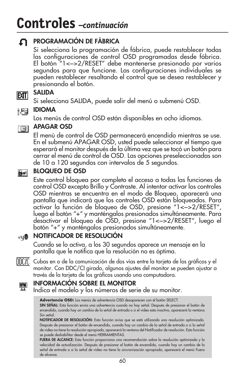 Controles, Continuación | NEC ACCUSYNC LCD93VX User Manual | Page 61 / 79