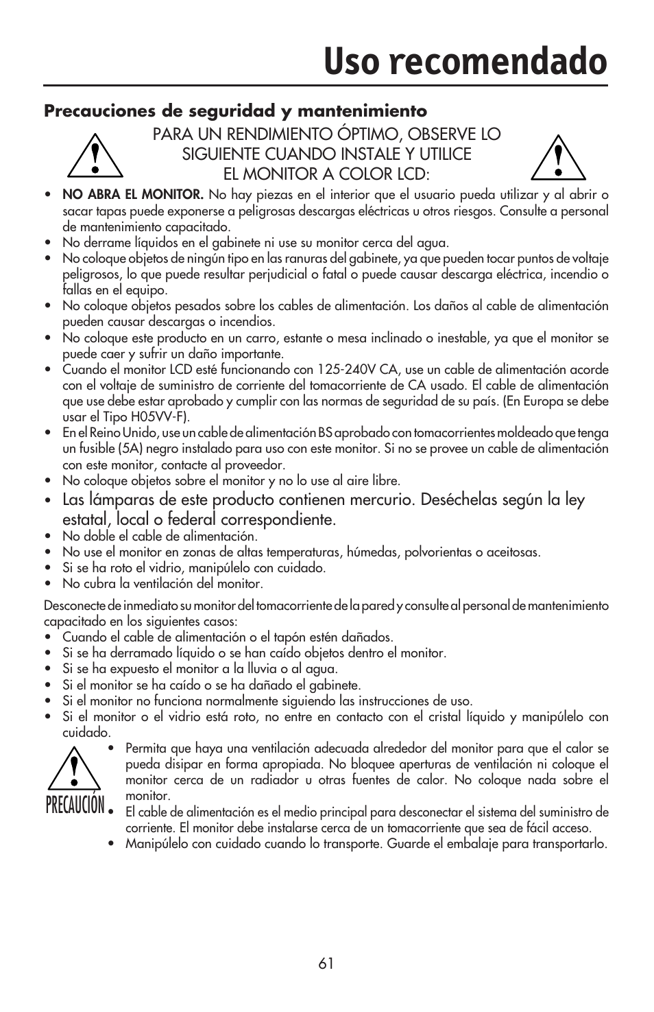 Uso recomendado, Precaución | NEC ACCUSYNC LCD93VX User Manual | Page 62 / 79