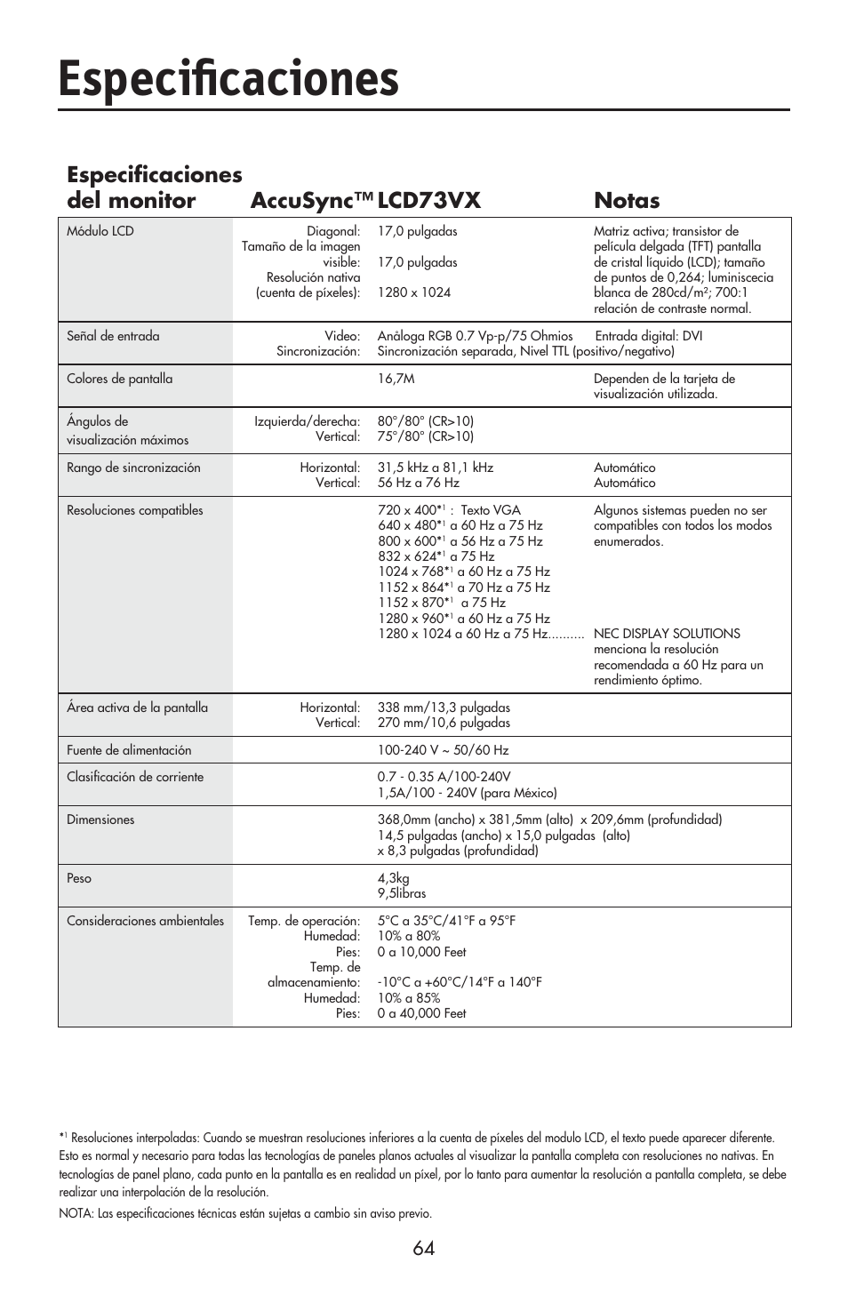 Especiﬁ caciones, Especifi caciones del monitor lcd73vx notas, Accusync | NEC ACCUSYNC LCD93VX User Manual | Page 65 / 79